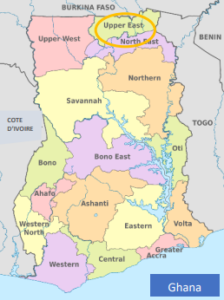 Carte du Ghana montrant le district la région Upper East lieu qui va accueillir le projet RNA