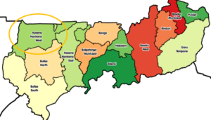 Carte de la région nord du Ghana montrant le district de Kassena Nankana Ouest lieu du projet RNA